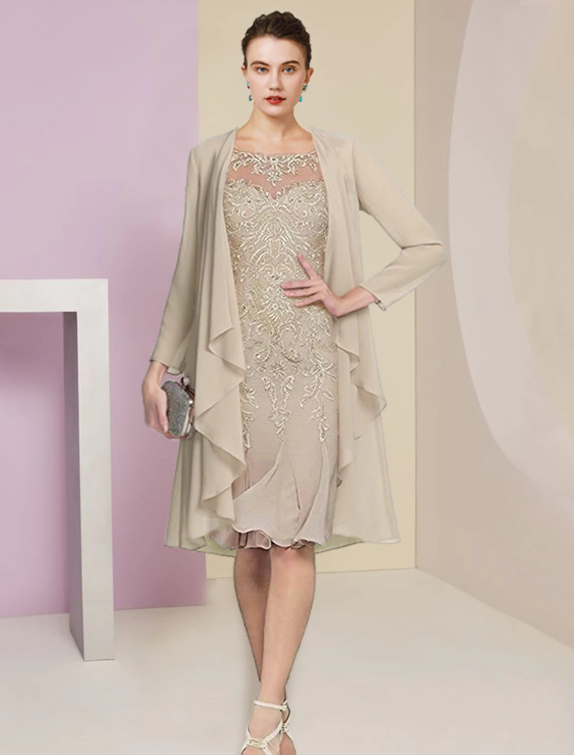 Wholesale Two Piece Mermaid / Trumpet Mother of the Bride Dress Formal Wedding Guest Vintage Elegant Scoop Neck Knee Length Chiffon Lace Half Sleeve Jacket Dresses with Pleats Appliques